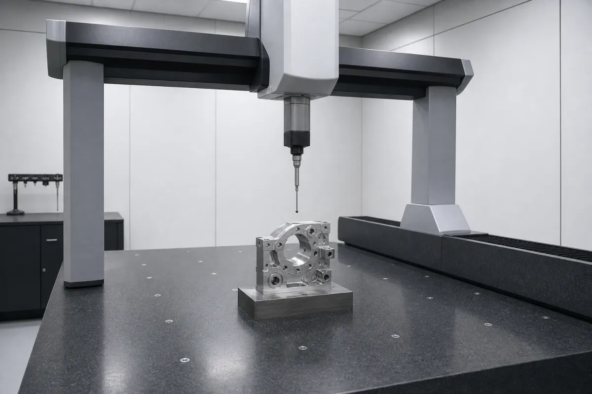3D-Koordinatenmessmaschine prüft ein Präzisionsbauteil im klimatisierten Messraum